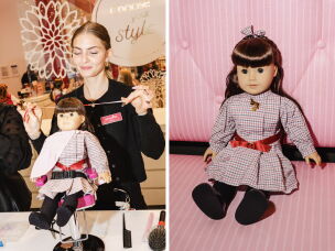 <strong>Left:</strong> Friedrichsen styles the hair of Balaban's doll. <strong>Right:</strong> Fiona Davis' Samantha doll.