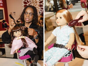 <strong>Left:</strong> Amanda Holder styles the Samantha doll belonging to author Fiona Davis. <strong>Right:</strong> Aristy brushes a doll's hair at the salon.