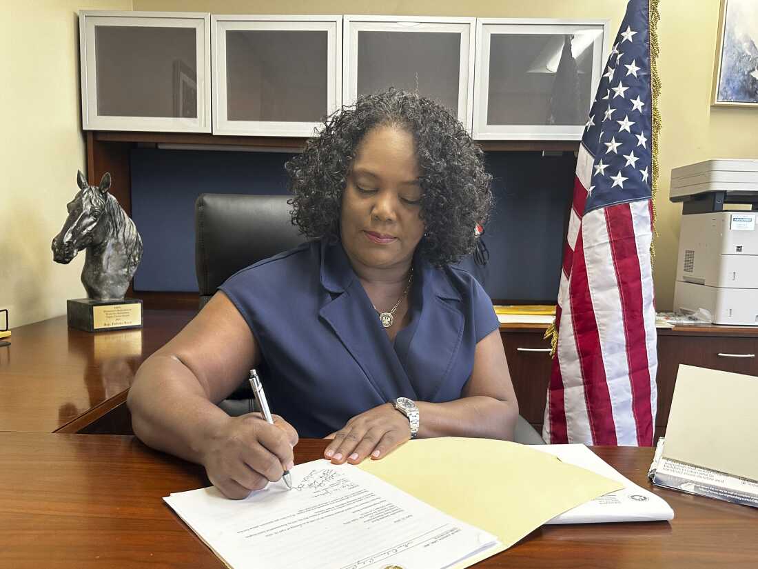 Louisiana Democratic state Rep. Delisha Boyd works at her desk at her office on May 3, 2024, in New Orleans. Boyd introduced the bill, now law, that would allow for surgical castration to be used against individuals convicted of certain sex crimes.