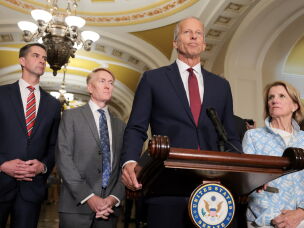 Senate Majority Leader John Thune, R-S.D., speaks to reporters after President Trump's announcement that he was appointing Bill Pulte as acting director of national intelligence. Thune was joined by Sen. Tom Cotton, R-Ark., Sen. James Lankford, R-Okla., Sen. John Barrasso, R-Wyo. and Sen. Shelley Moore Capito, R-W.Va.