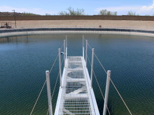 Water from the Colorado River fills a holding pond at the EPCOR water treatment plant in Anthem, Arizona on August 20, 2026. The private utility company built a system of interconnected pipes that keeps disparate water treatment plants working if one source of water can't supply enough.