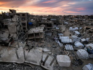 Tents sheltering people displaced by war stand between the rubble of destroyed buildings in the Jabalia camp for Palestinian refugees in the northern Gaza Strip on Oct. 20, 2026.