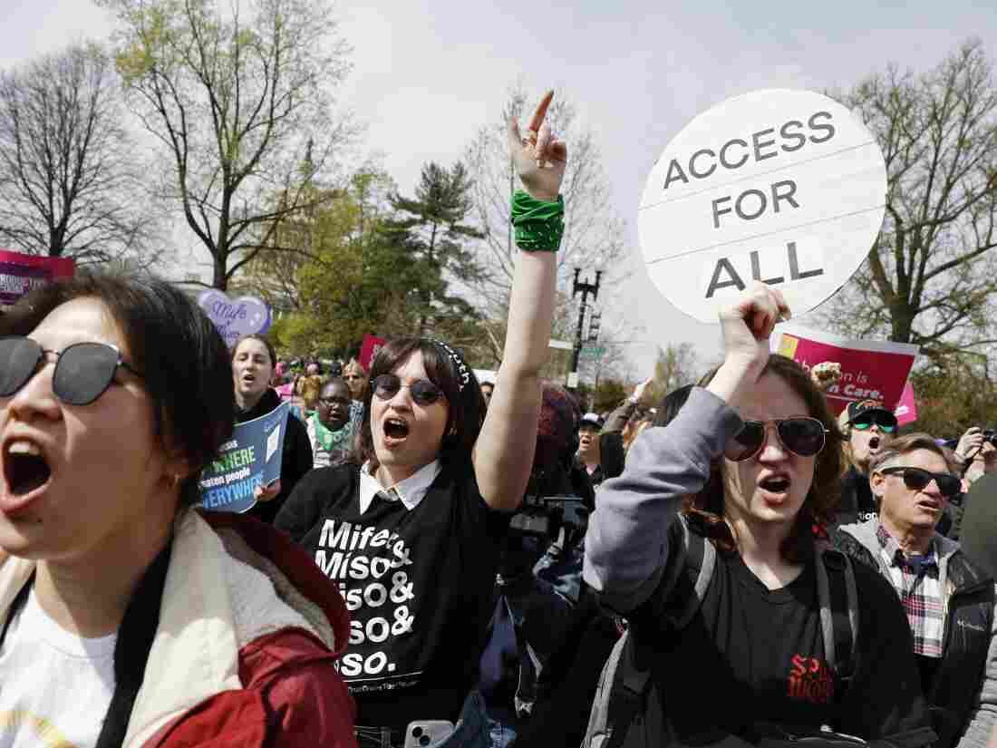 Demonstrators hold an abortion-rights rally outside the Supreme Court on March 26 as the justices of the court heard oral arguments in Food and Drug Administration v. Alliance for Hippocratic Medicine.