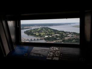 East Potomac Park, seen from the observation deck of the Washington Monument in July. The manmade peninsula is home to a municipal golf course and recreational areas, including a 3-mile road around the perimeter.