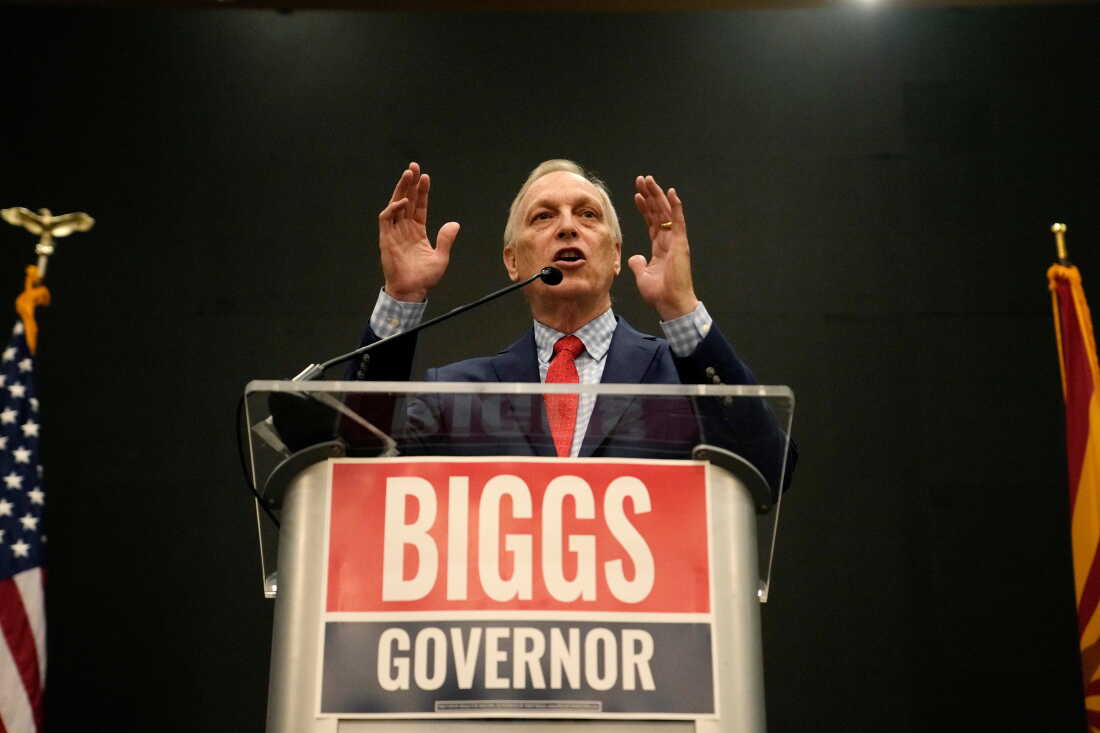 Rep. Andy Biggs, R-Ariz., who is running in the primary for Arizona governor, speaks at a campaign event July 17, 2026, in Gilbert, Ariz.