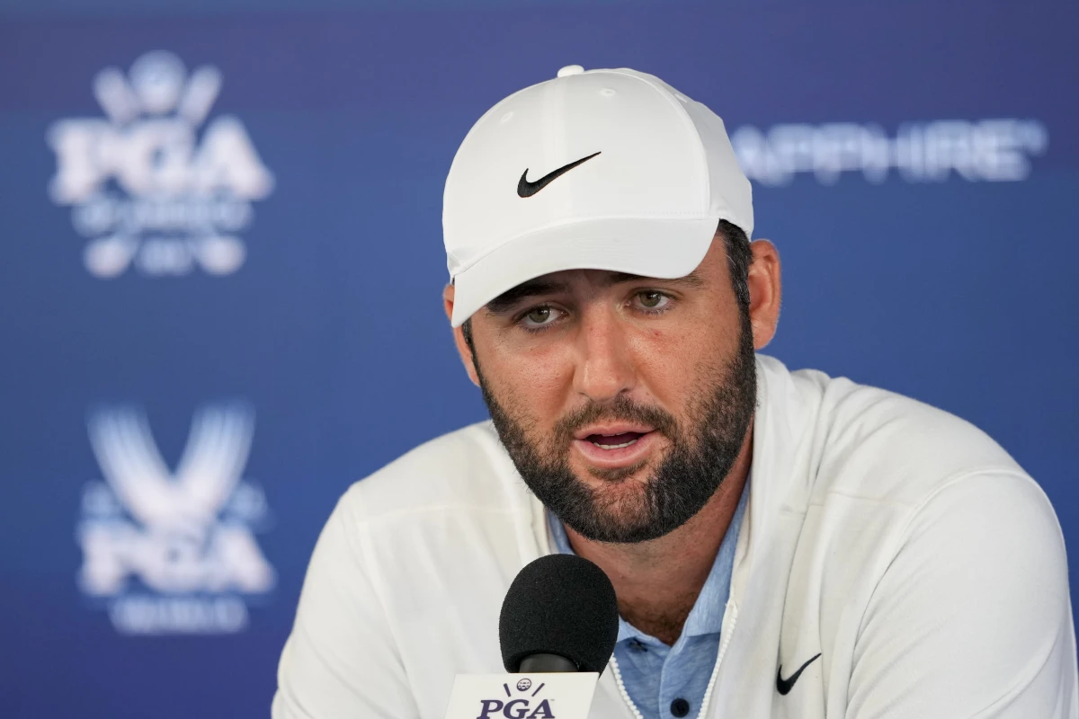 Scottie Scheffler speaks during a news conference after the second round of the PGA Championship golf tournament at the Valhalla Golf Club, in Louisville, Ky., on May 17. Criminal charges against Scheffler have been dismissed.