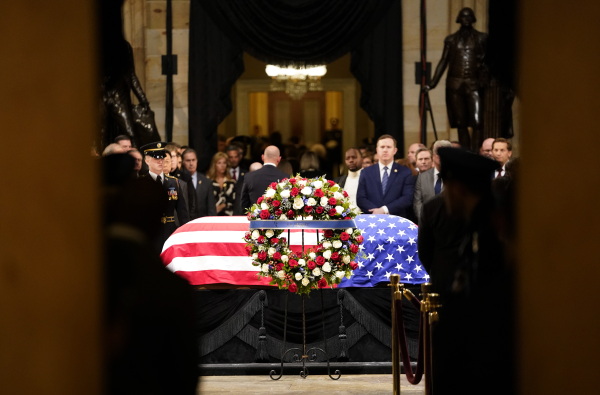 The flag-draped casket bearing the remains of former U.S. President Jimmy Carter lies in the Capitol Rotunda during a memorial service at the U.S. Capitol on Jan. 7, in Washington, D.C.