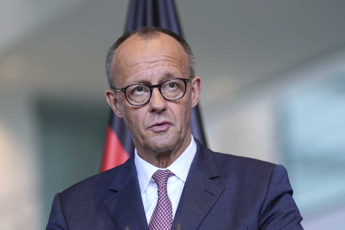 German Chancellor Friedrich Merz attends a news conference at the chancellery in Berlin, May 28.