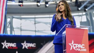 Homeland Security Secretary Kristi Noem speaks at the Conservative Political Action Conference, CPAC, on Tuesday, in Jasionka, Poland.