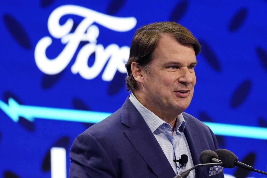 Ford Motor CEO Jim Farley announces the automaker's new BlueOval Battery Park in February 2023.