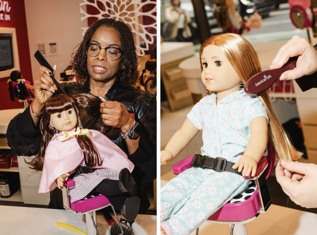 Photo left: Amanda Holder uses a comb to style another Samantha doll's brown hair. Right: Caley Aristy uses a hairbrush to brush a doll's long, straight hair at the salon.