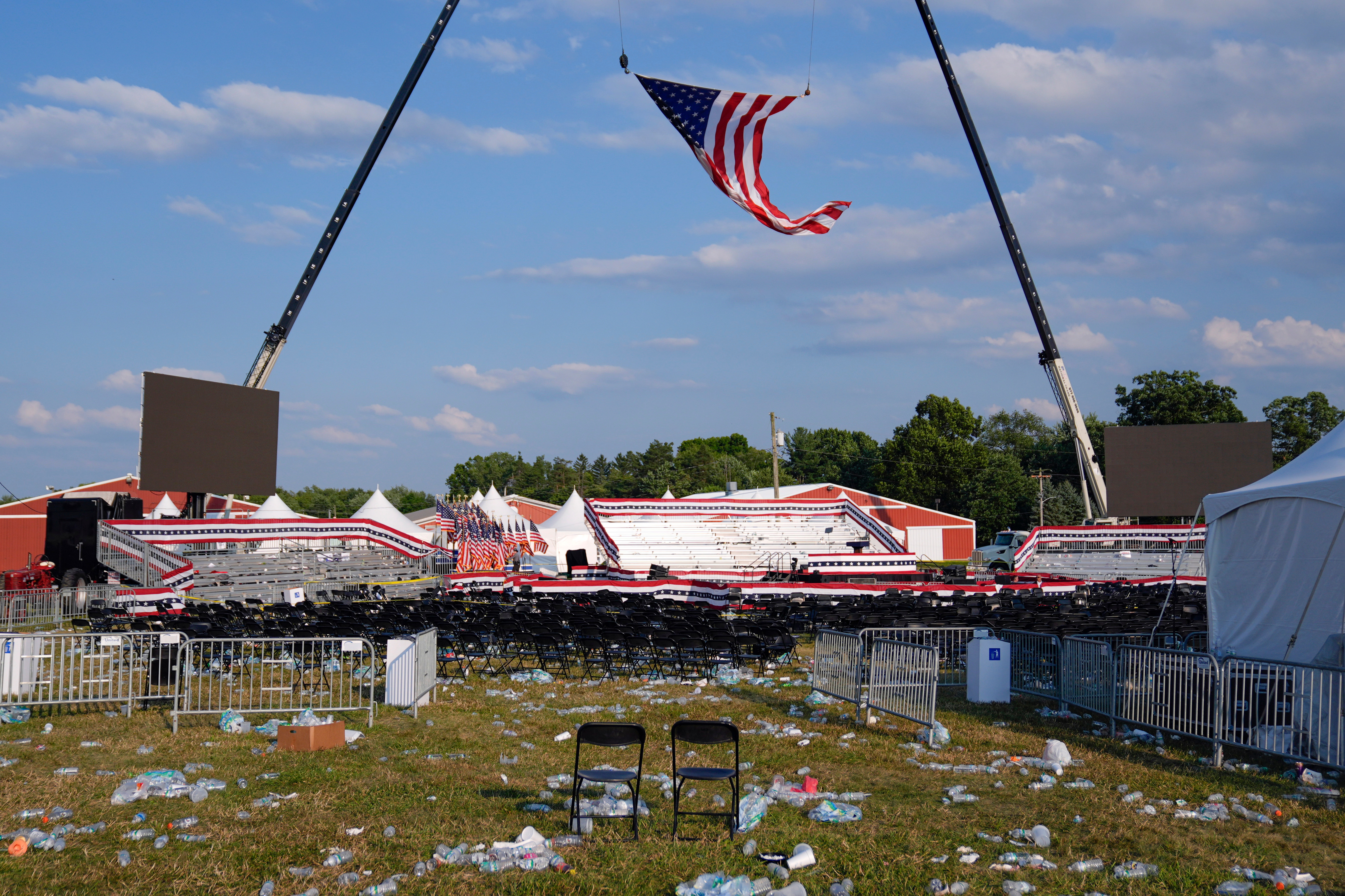 FILE - A campaign rally site for Republican presidential candidate former President Donald Trump is empty and littered with debris on July 13, 2024, in Butler, Pa.