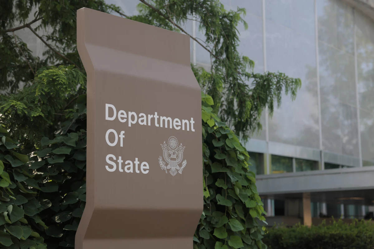A sign for the State Department stands outside the Harry S. Truman Federal Building in Washington, D.C., on July 11, 2025.