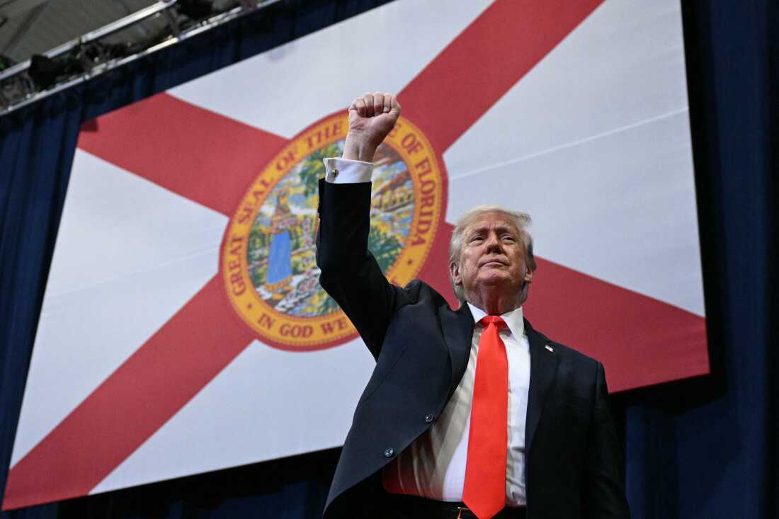 In this file photo from May 2026, President Trump cheers supporters after speaking about taxes and Social Security in The Villages, Florida.