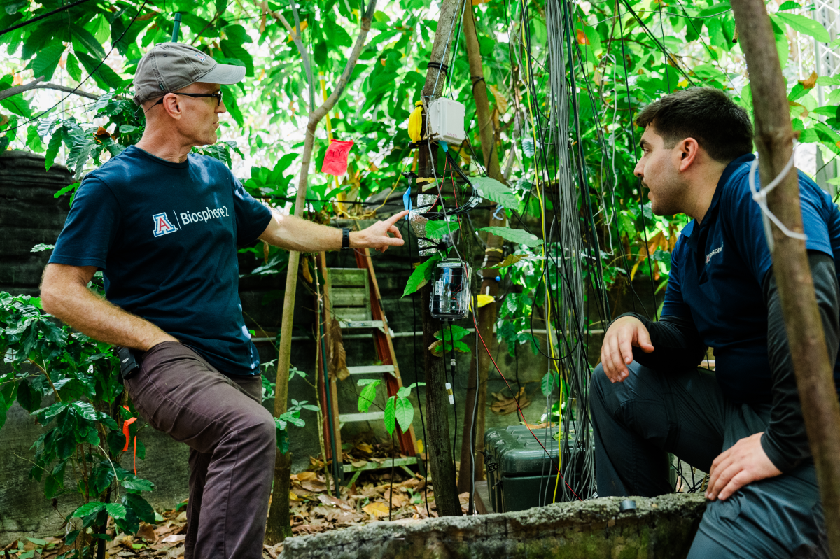 Eco hydrologist Justin Beslity and terrestrial bio manager Jason de Leeuw in the rainforest at Biosphere 2 on June 20, 2025, in Oracle, Ariz., U.S.