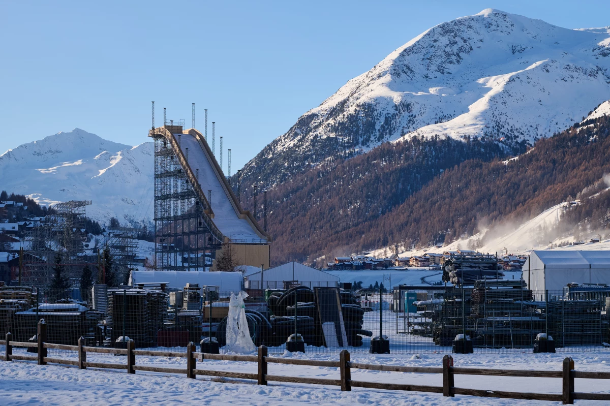 Ski slopes and jumps are shown mid-construction in Livigno Snow Park in December, in preparation for the Winter Olympic Games.