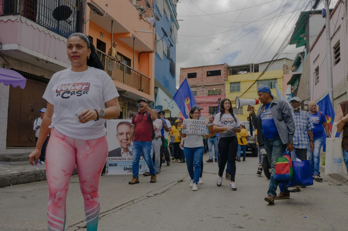 Residents and community organizers take the street Wednesday to show support for opposition candidate in Venezuela's presidential election, Edmundo Gónzalez Urrutia, in the neighborhood of La Vega, in Venezuela's capital of Caracas.