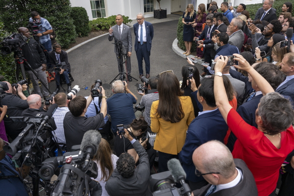 House Minority Leader Hakeem Jeffries, D-NY, and Senate Minority Leader Chuck Schumer, D-NY, spoke to reporters outside the White House on Monday following a meeting with Republican leaders, President Trump and Vice President JD Vance.