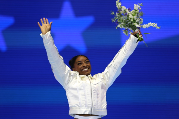 Simone Biles celebrates after being selected for the 2024 U.S. Olympic Women's Gymnastics Team on Day Four of the 2024 U.S. Olympic Team Gymnastics Trials at Target Center on June 30 in Minneapolis.