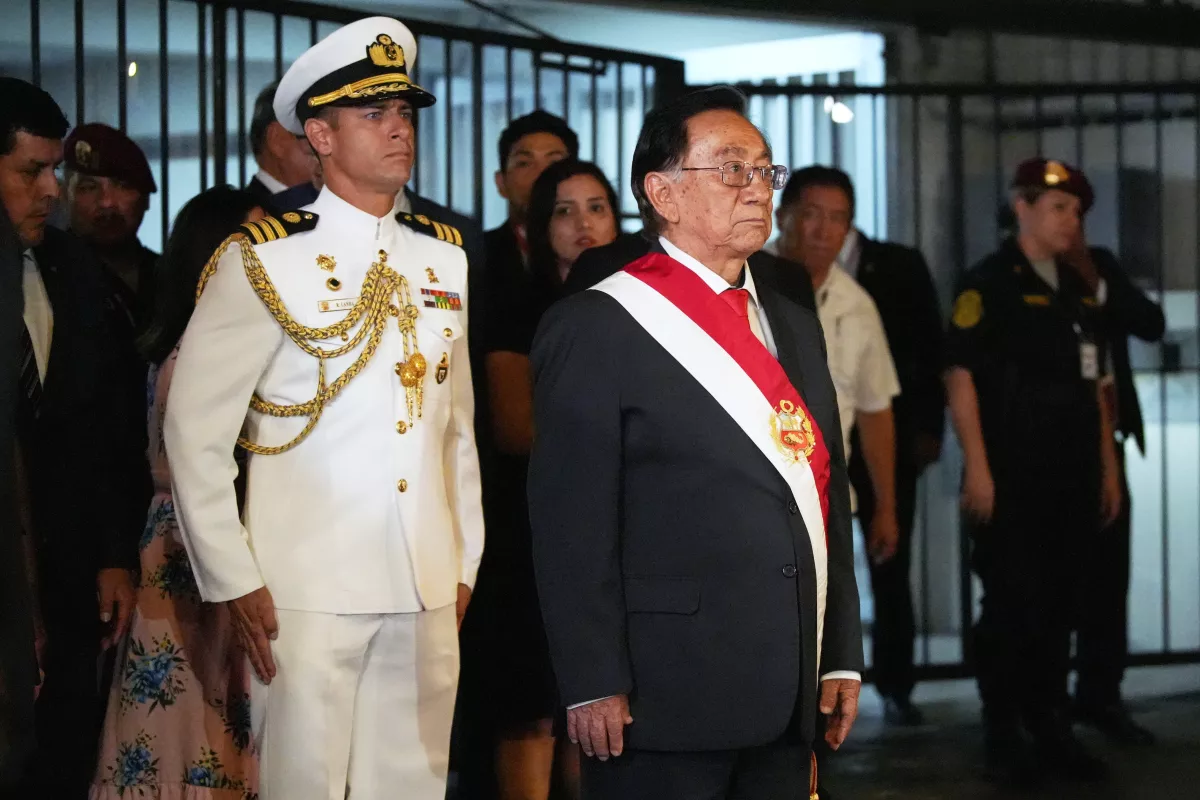 Peru's new President José María Balcázar, front right, leaves at Congress a day after voting to remove interim President Jose Jeri from office in Lima, Peru, Wednesday, Feb. 18, 2026.