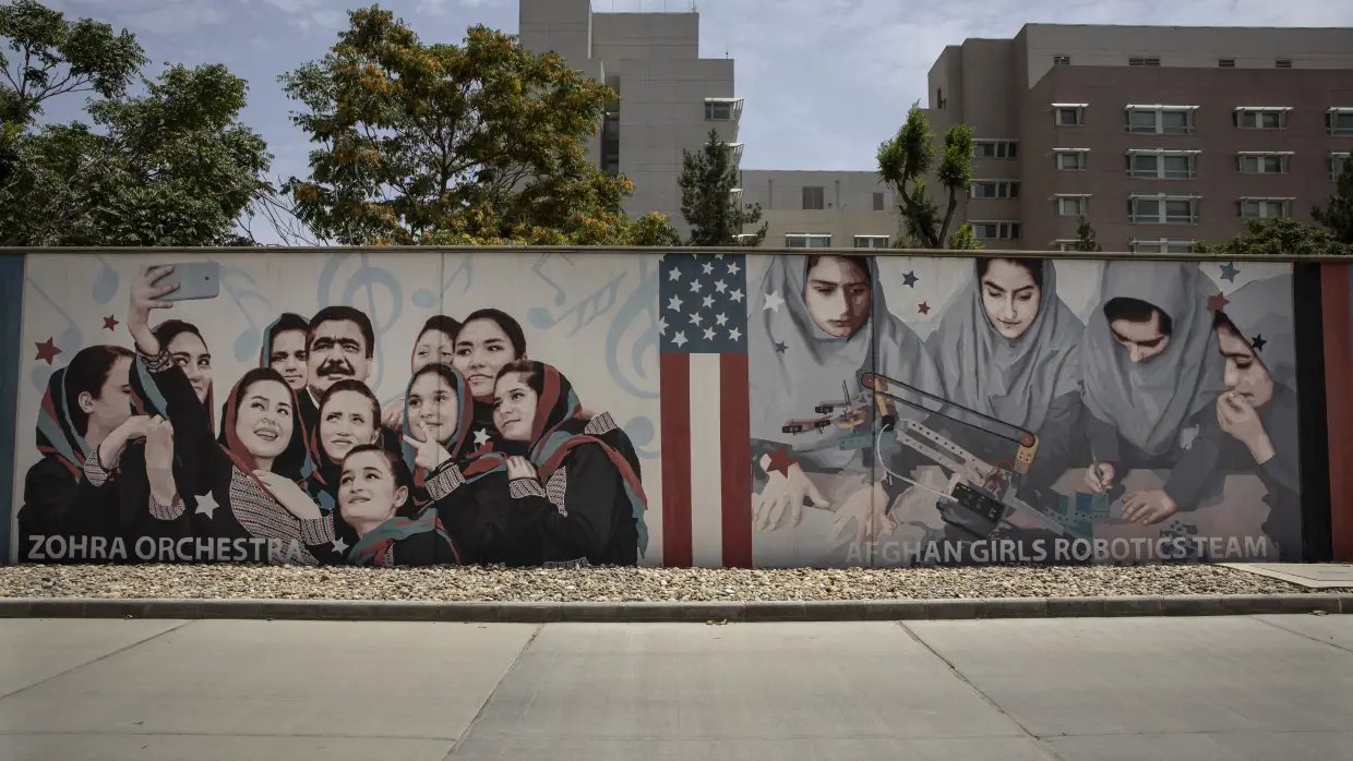 Murals are seen along the walls at a quiet U.S embassy on July 30, 2021 in Kabul, Afghanistan.