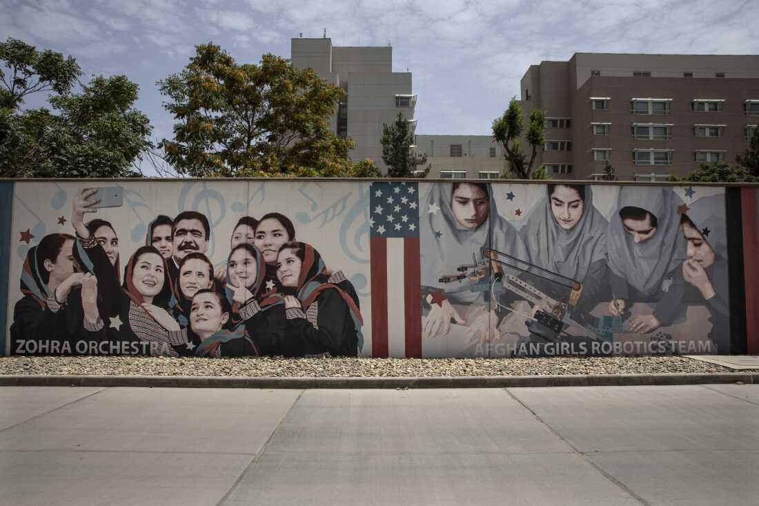 Murals are seen along the walls at a quiet U.S embassy on July 30, 2021 in Kabul, Afghanistan.