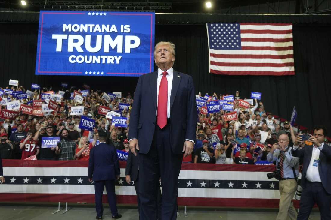 Former President Donald Trump arrives for a campaign rally in Bozeman, Mont., on Friday, Aug. 9.