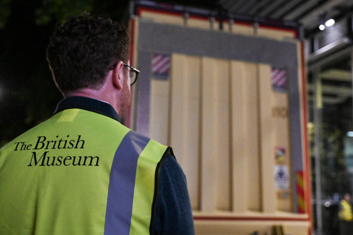 After 900 years, the Bayeux Tapestry returns to England and goes on display in London 3 Nicholas Cullinan, director of the British Museum, waits for the truck (behind) carrying the Bayeux Tapestry to be unloaded at the museum in central London early on July 10, 2026, after a complicated journey to leave France for the first time in more than 900 years for an exhibition in the British capital.
