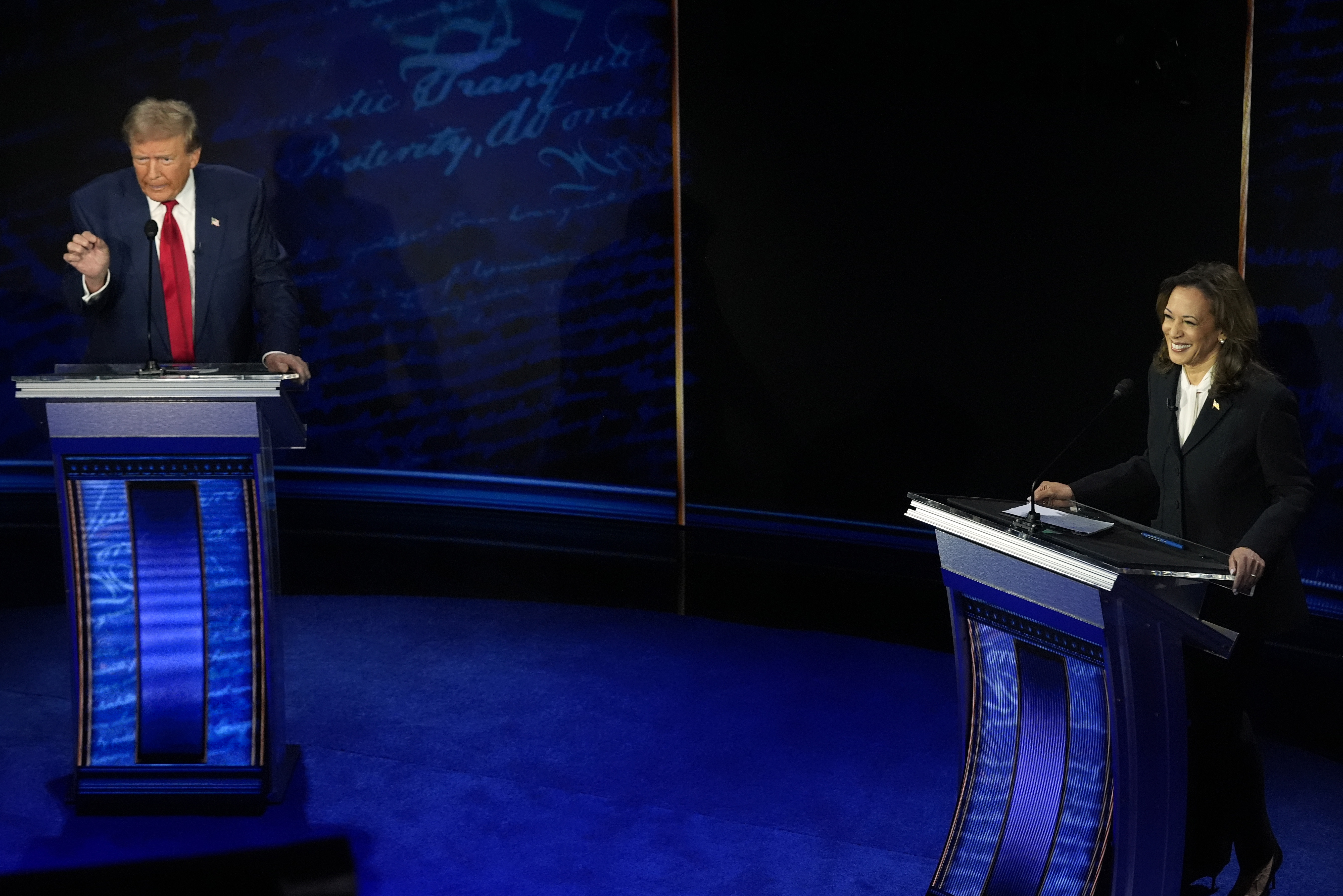Former President Donald Trump, the Republican presidential nominee, and Vice President Kamala Harris, the Democratic nominee, participate during ABC News' presidential debate Tuesday at the National Constitution Center in Philadelphia. (AP)