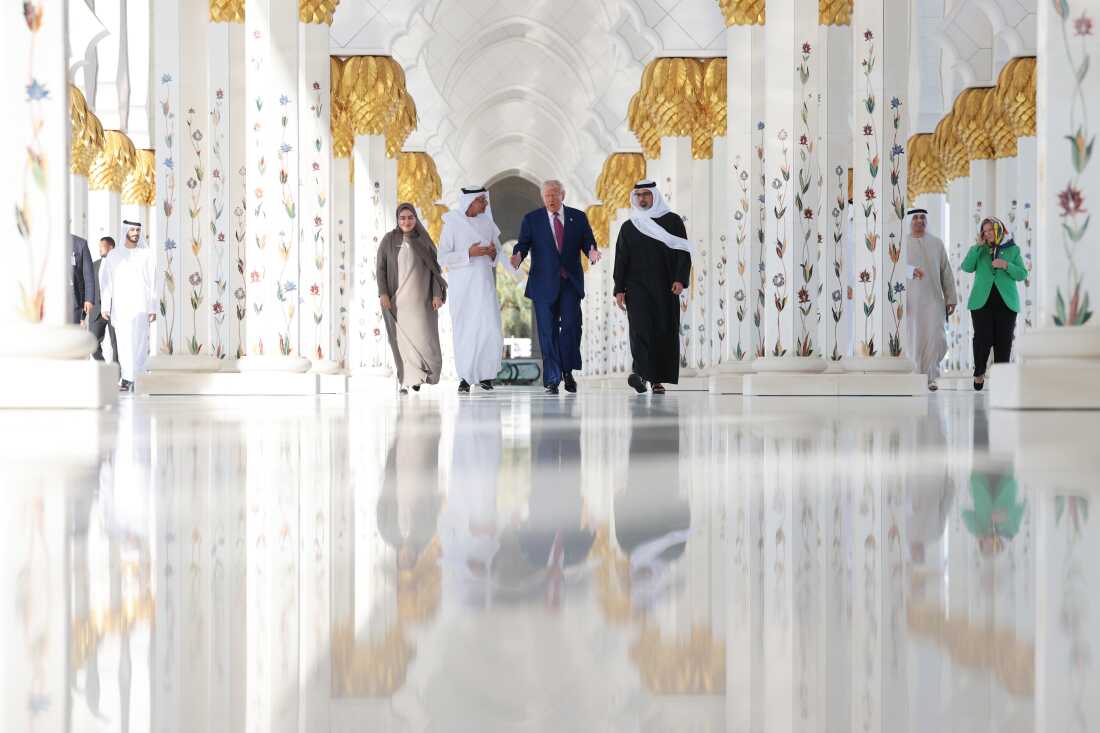 President Trump tours the Sheikh Zayed Grand Mosque with UAE President Sheikh Mohamed bin Zayed Al Nahyan, and mosque officials Dr. Yousef Al-Obaidi and Ameena Alhammadi, on May 15, 2025.