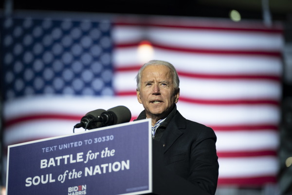 Democratic presidential nominee Joe Biden speaks during a drive-in campaign rally at Heinz Field on November 2, 2020 in Pittsburgh.