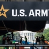 Workers set up the reviewing stand in front of the White House on June 10 for the U.S. Army's 250th anniversary parade.