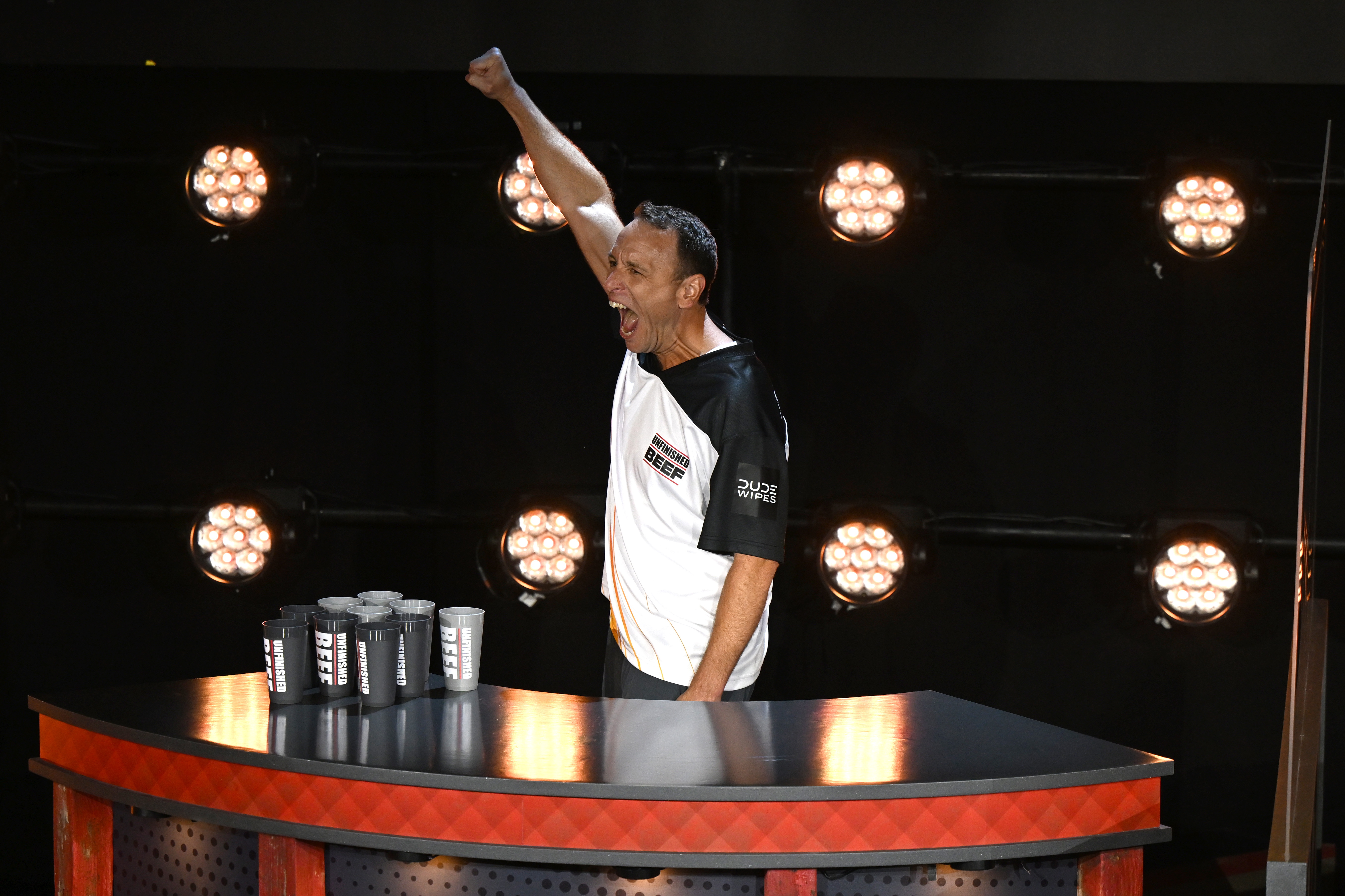 Joey Chestnut ate 83 hot dogs and buns in 10 minutes onstage in Las Vegas for a live Netflix event on Monday. His longtime rival, Takeru Kobayashi, ate 66.