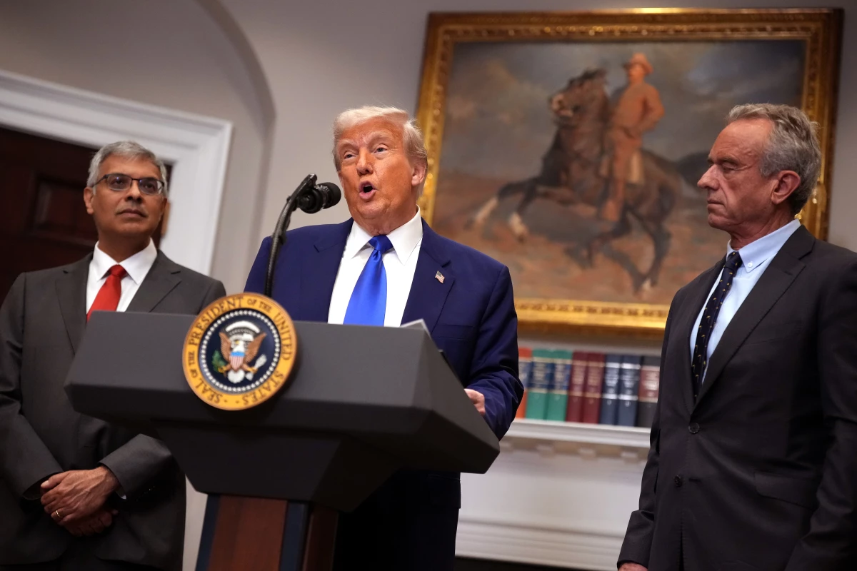 President Trump, joined by National Institutes of Health Director Jay Bhattacharya and Health and Human Services Secretary Robert F. Kennedy Jr., talks about an executive order aimed at reducing the cost of prescription drugs.