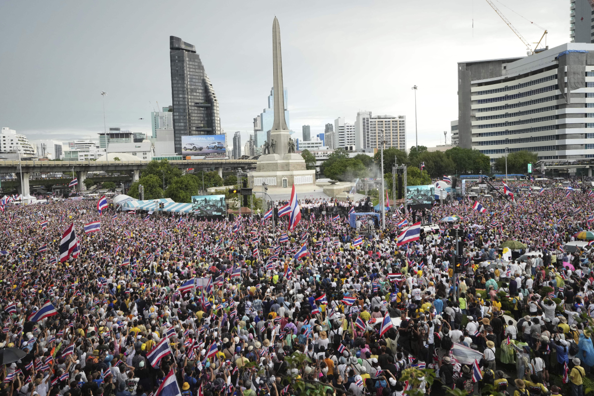 Protesters gather at Victory Monument demanding Thailand's Prime Minister Paetongtarn Shinawatra resign in Bangkok, Thailand on Saturday.