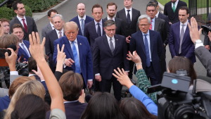 President Donald Trump speaks to reporters at the White House in Washington, Tuesday Sept. 29, 2026, after meeting with top executives of AI firms, as House Speaker Mike Johnson of La., and NVIDIA CEO Jensen Huang listen.