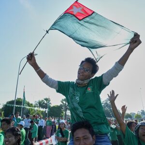 Supporters of the military-backed Union Solidarity and Development Party wave the party flags during the first day of campaigning for the general election, in Naypyitaw, Myanmar, Oct. 28.