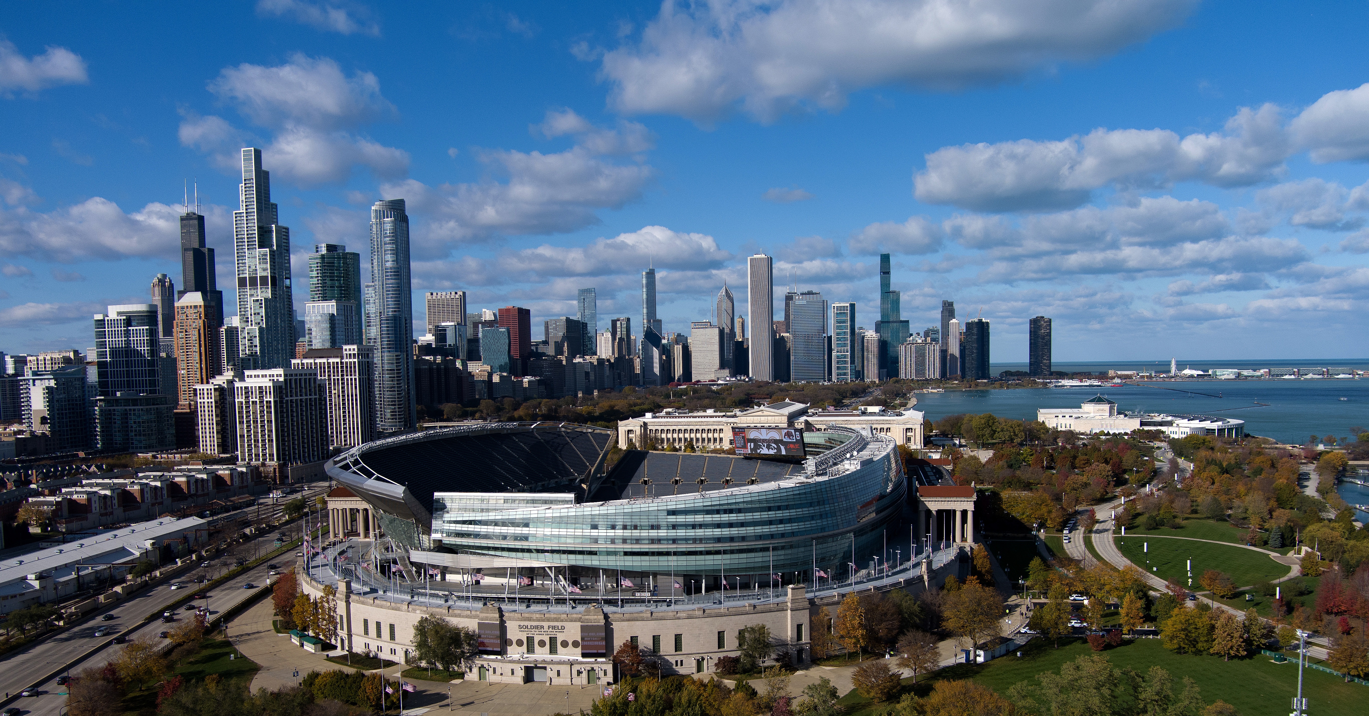 In this drone image, a general view of Soldier Field with the Chicago skyline before a game between the New Orleans Saints and the Chicago Bears on November 01, 2020 in Chicago, Illinois.
