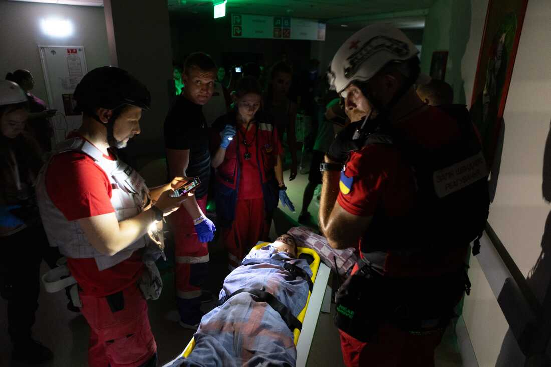 Children, hospital patients, hide in a bomb shelter at one of the largest children’s hospitals of Ukraine, Okhmatdyt, during a Russian missile attack on Monday.