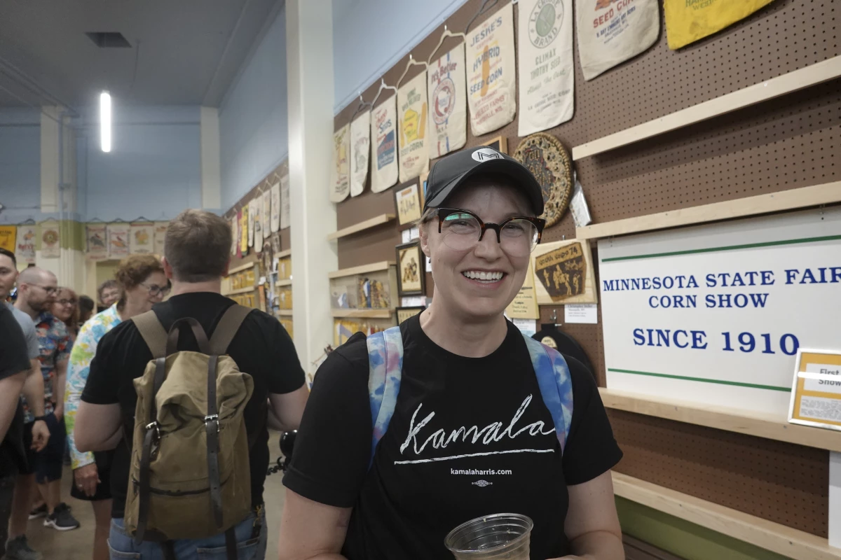 Jill Carey passes through the Horticulture Building at the Minnesota State Fair to see crop art designs on Friday, Aug. 23.