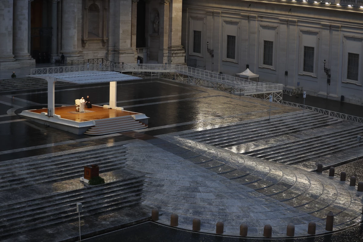 Pope Francis delivers an Urbi et Orbi prayer from the empty St. Peter's Square due to the COVID-19 pandemic at the Vatican on March 27, 2020.