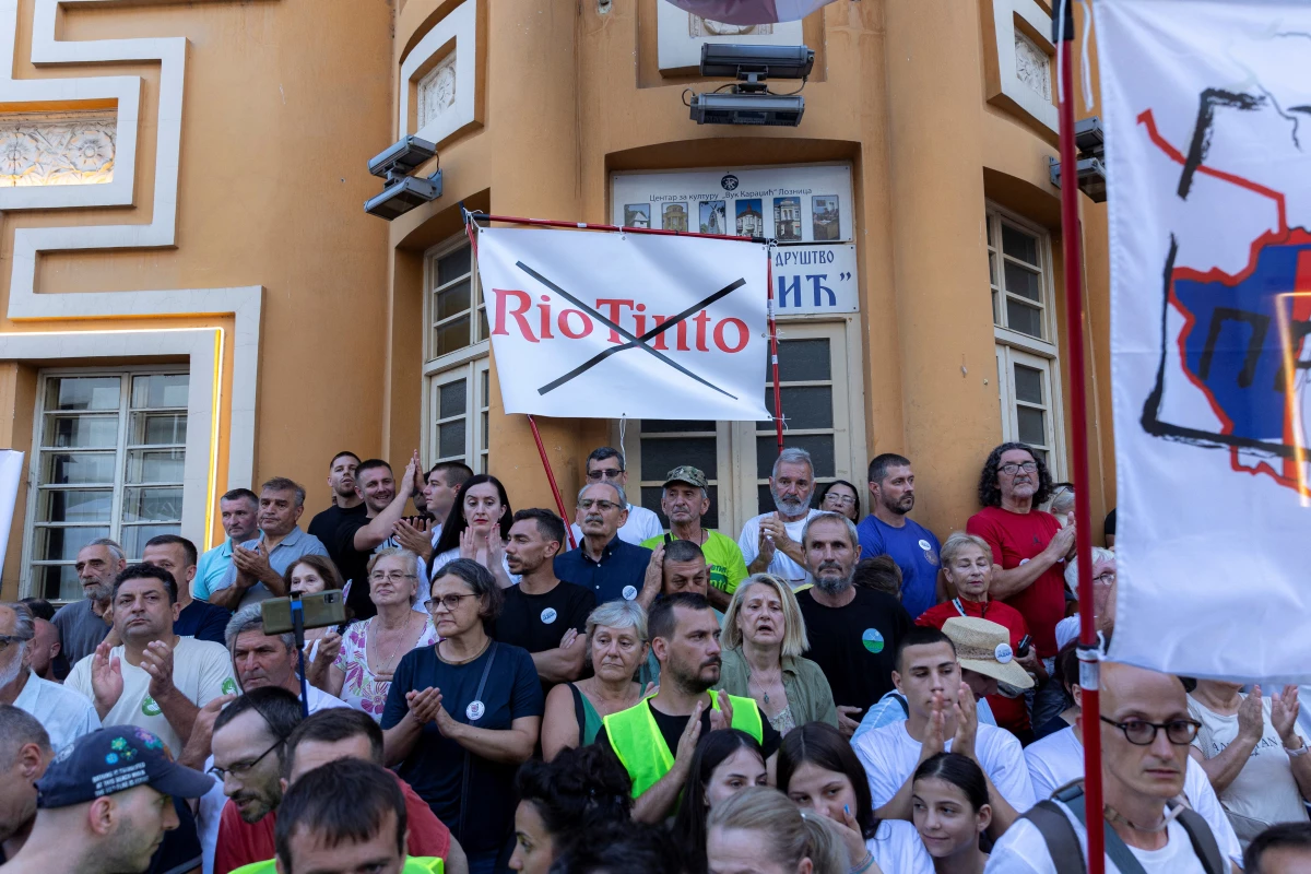 Thousands of demonstrators gather in Loznica, western Serbia, to protest against a lithium mining project on June 28.