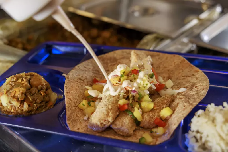 This photo shows a blue cafeteria plate divided into sections. On the plate are pieces of fish and some salsa on a tortilla. A yogurt sauce is being squirted from a bottle onto the dish. In separation sections of the plate are cilantro lime rice and lentils.