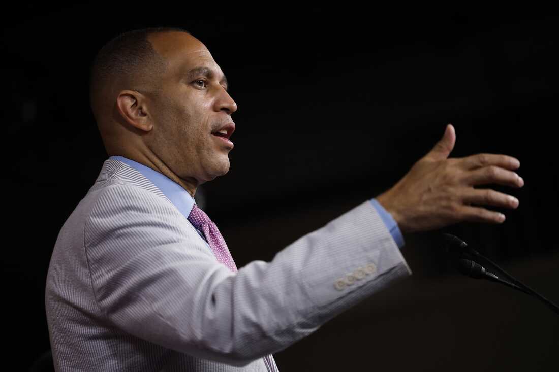 House Minority Leader Hakeem Jeffries, D-N.Y., speaks during a press conference at the U.S. Capitol on July 23. Jeffries says Democrats plan to take the redistricting fight coast to coast.