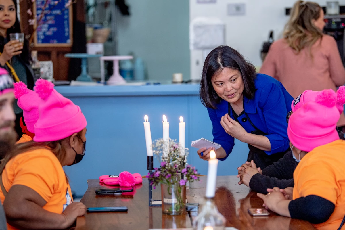 As Deputy Labor Secretary, Julie Su takes orders as she is trained to serve tables during a Learn About Worker Experiences event at the Skal restaurant in Brooklyn on April 11, 2022 in New York City.