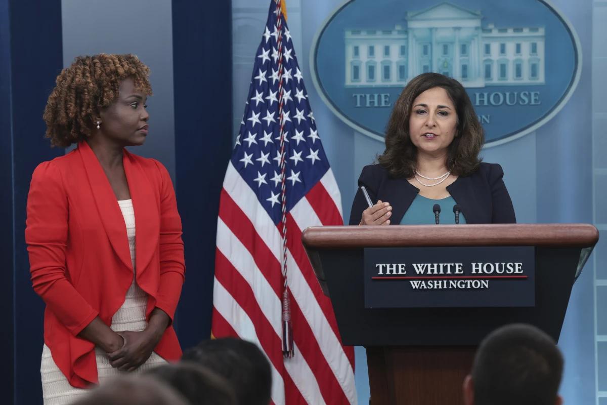 WASHINGTON, DC - AUGUST 29: White House press secretary Karine Jean-Pierre (L) and Domestic Policy Advisor Neera Tanden (R) answer questions during the daily press briefing at the White House on August 29, 2023 in Washington, DC. Jean-Pierre and Tanden answered questions on a recently announced list of the first ten medicines that will see a decrease in price following negotiations with Medicare. (Photo by Win McNamee/Getty Images)