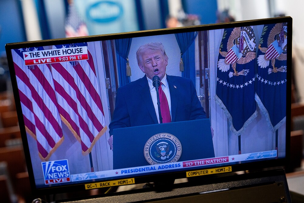 President Trump is seen speaking about the Iran war on a TV in the White House on April 1. Polls have found the war to be unpopular with Americans. (AP)