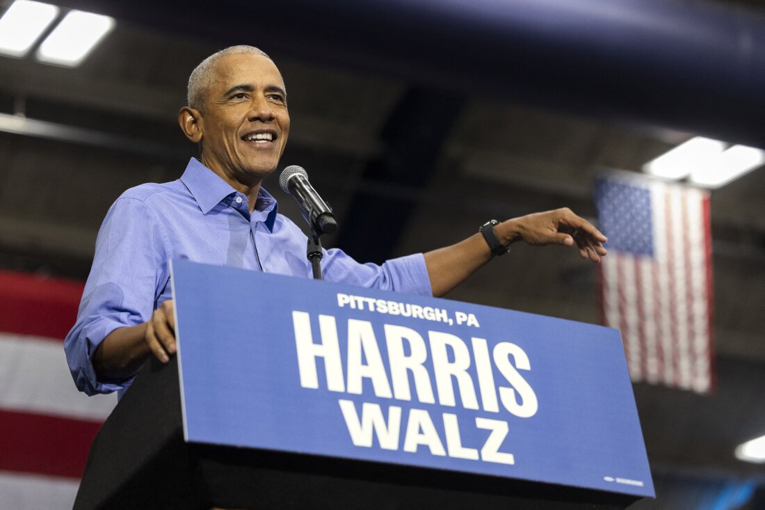 Former President Barack Obama speaks during a campaign event for Vice President Harris in Pittsburgh on Thursday. Prior to the rally, Obama made a special plea to Black men who have been hesitant to support Harris.