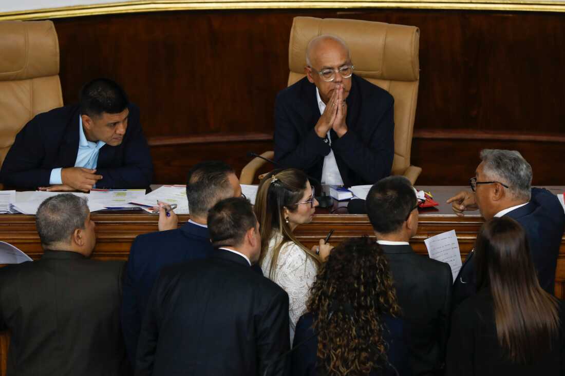 National Assembly President Jorge Rodriguez speaks with lawmakers during debate on an amnesty bill in Caracas, Venezuela, Thursday, Feb. 12, 2026.