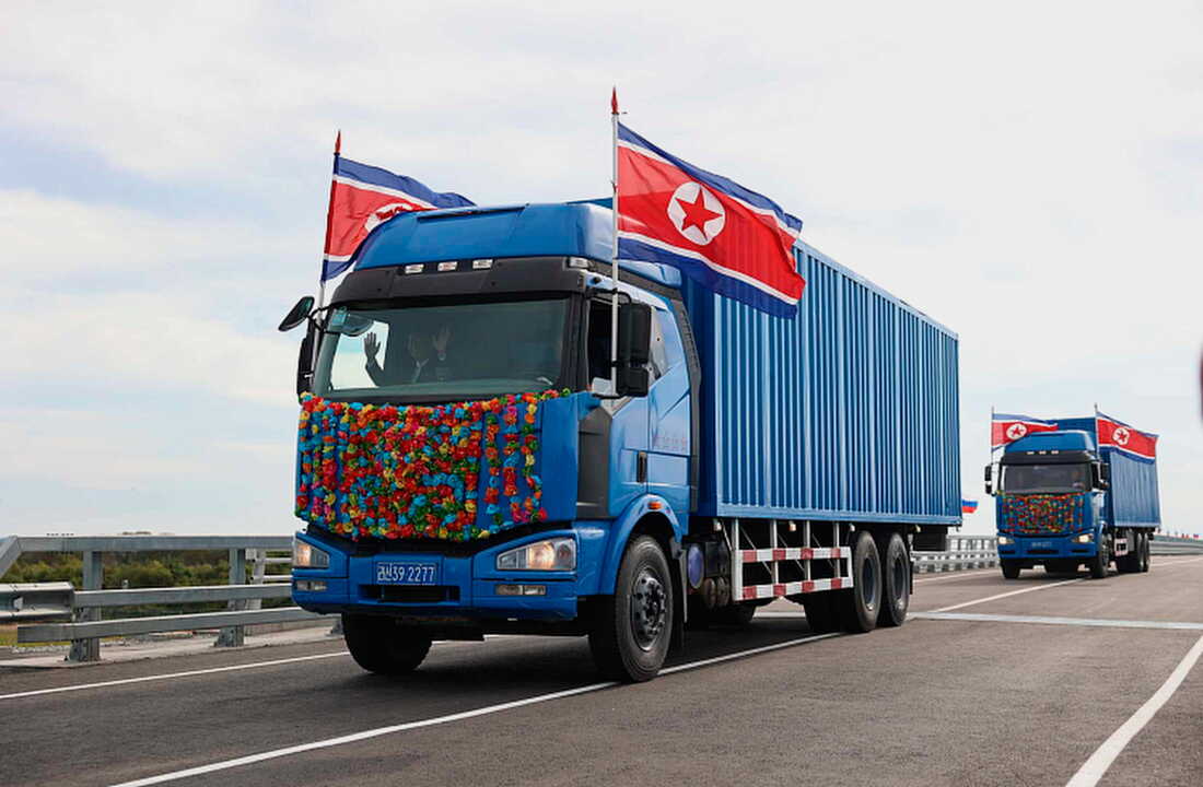 In this photo released by the Government of Primorsky Krai Region on Monday, Sept. 7, 2026, North Korean trucks drive across the new bridge between Russia and North Korea named after the Soviet officer Yakov Novichenko, who is credited with saving North Korea's founding leader, Kim Il-sung, over the Tumannaya River in Primorsky Krai Region of Russia.